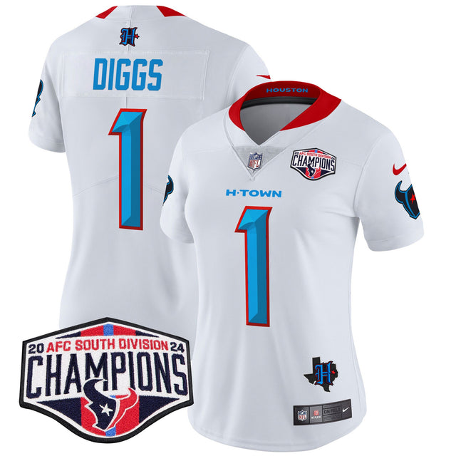 Women's Houston Texans 2024 AFC South Division Champions Patch Vapor Limited Jersey - All Stitched - White - Stefon Diggs — view 1