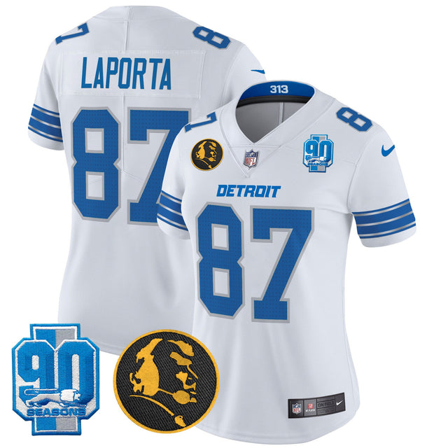 Women's Detroit Lions 2024 90th & John Madden Patch Vapor Limited Jersey - All Stitched - White - Sam Laporta — view 1