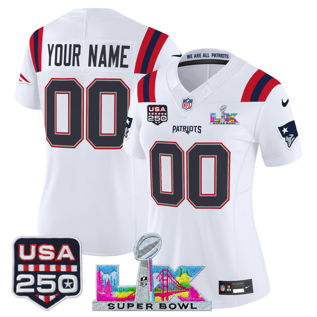 New England Patriots Super Bowl LX & United States 250th Anniversary Patch Vapor Limited Custom Jersey - All Stitched - White — view 1