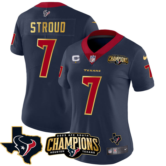 Women's Houston Texans 2023 AFC South Champions Patch Gold Trim Vapor Jersey - All Stitched - Navy - C.J. Stroud — view 1