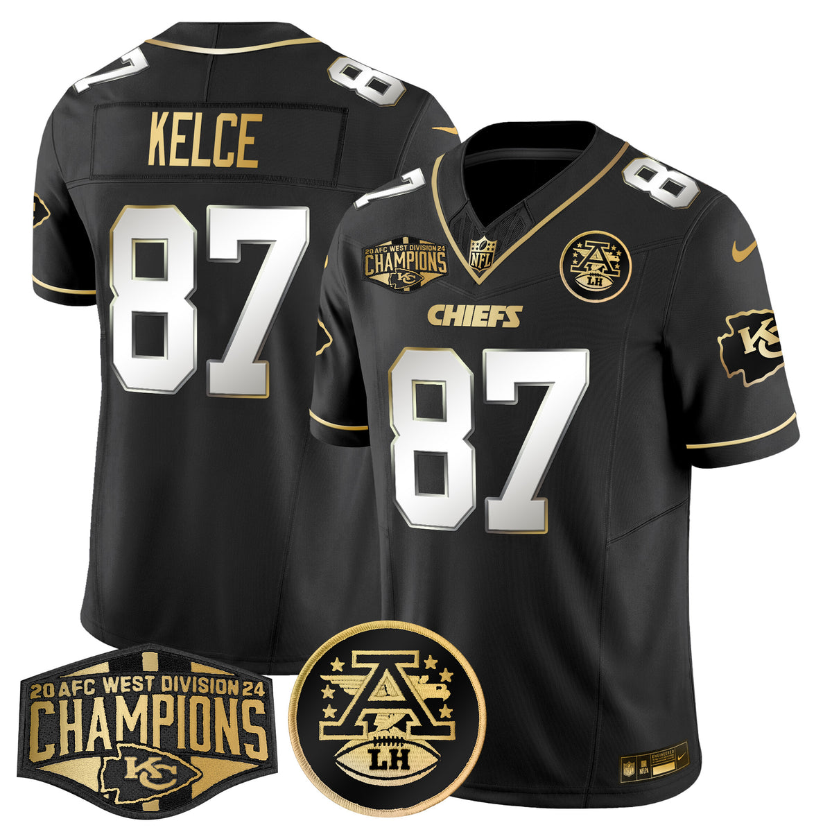 Men's Chiefs 2024 AFC West Division Champions Patch Gold Vapor Limited Jersey - All Stitched - Black Limited - Travis Kelce — view 1