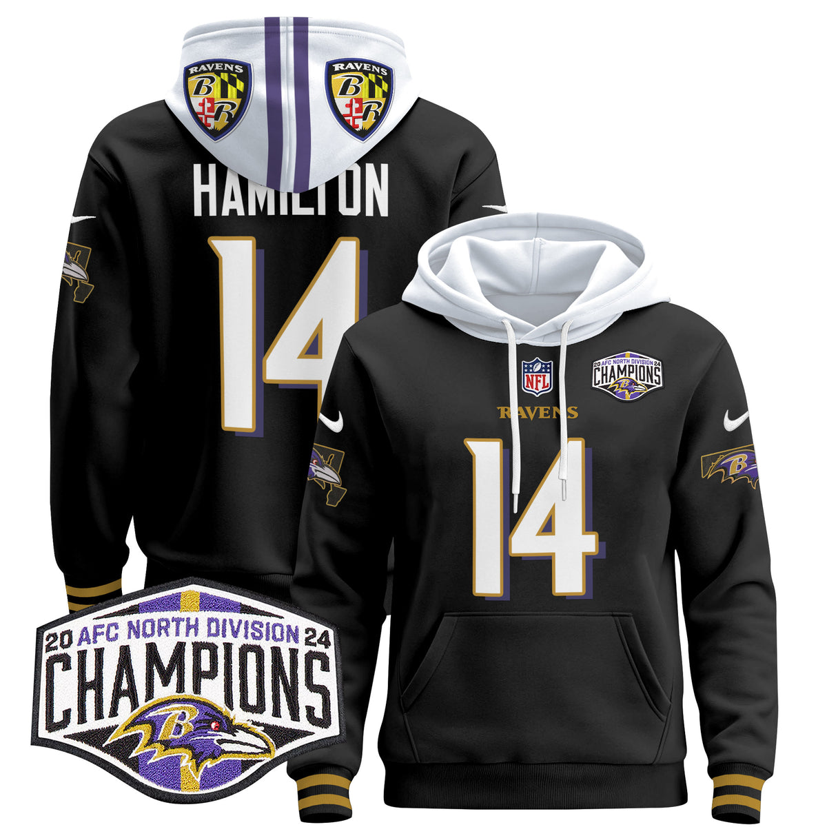 Men's Baltimore Ravens 2024 AFC North Division Champions Patch Pullover Hoodie V2 - All Stitched - Black - Kyle Hamilton — view 1
