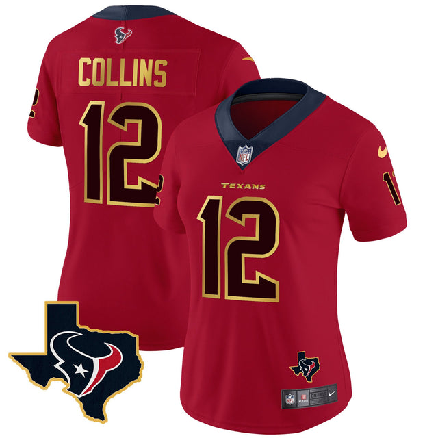 Women's Houston Texans Gold Trim Vapor Jersey - All Stitched - Red - Nico Collins — view 1