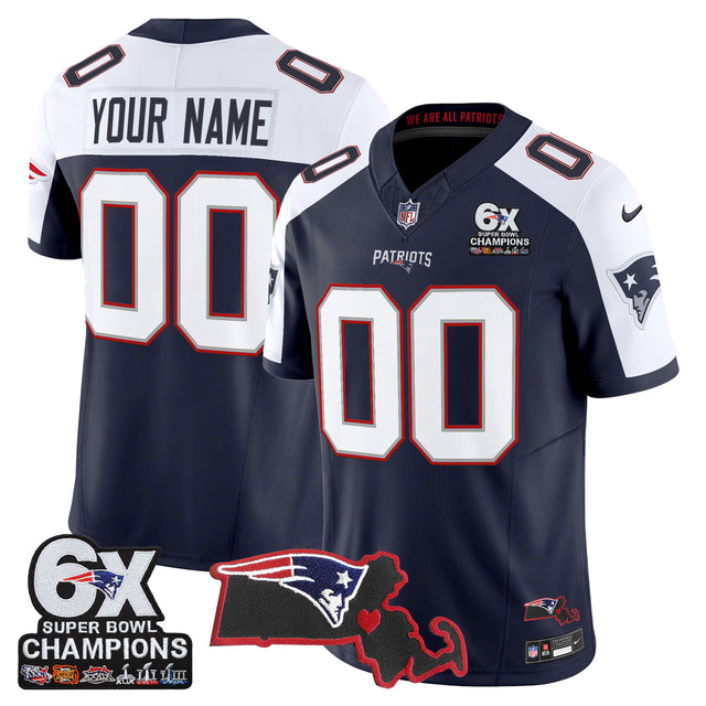 New England Patriots 6-Time Champions & Massachusetts Patch Vapor Limited Custom Jersey - All Stitched - Navy Alternate — view 1