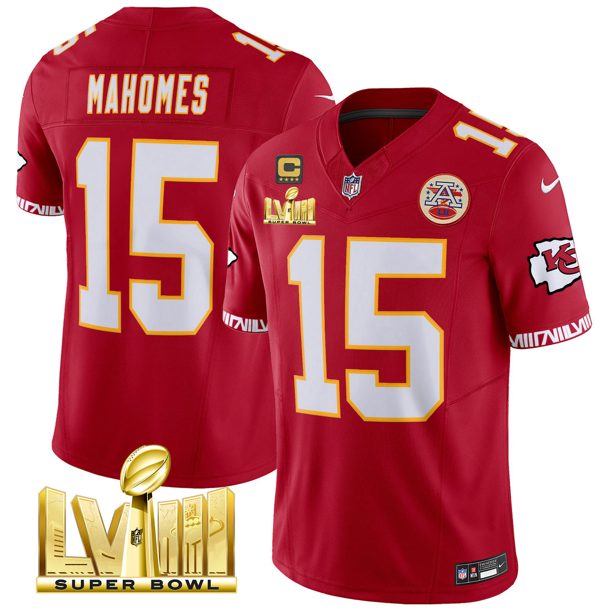 Men's Chiefs Super Bowl LVIII Pattern Gold Vapor Jersey V2 - All Stitched - Red - Patrick Mahomes — view 1