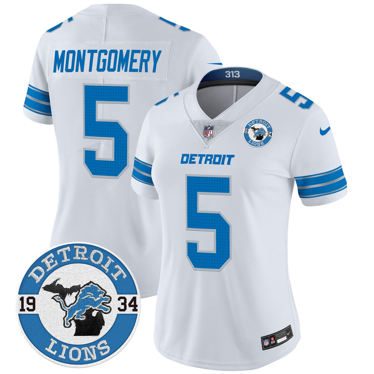 Women's Detroit Lions 2024 Vapor Limited Jersey - Est. 1934 Patch - All Stitched - White - David Montgomery — view 1
