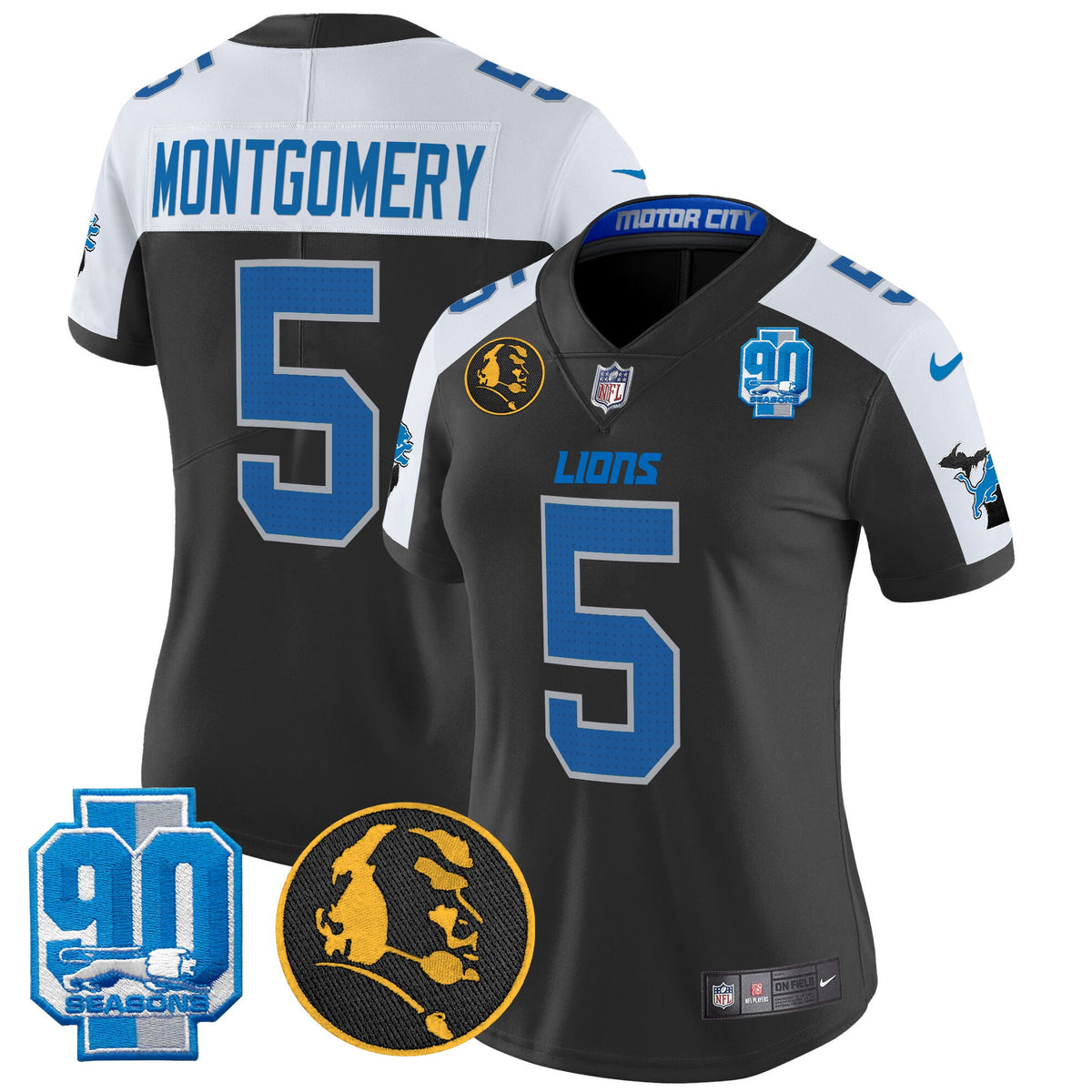 Women's Detroit Lions 2024 90th & John Madden Patch Vapor Limited Jersey - All Stitched - Black Alternate - David Montgomery — view 1