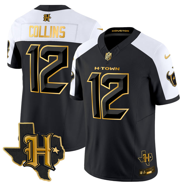 Men's Houston Texans 2024 Texas Patch Gold Vapor Limited Jersey - All Stitched - Alternate - Nico Collins — view 1