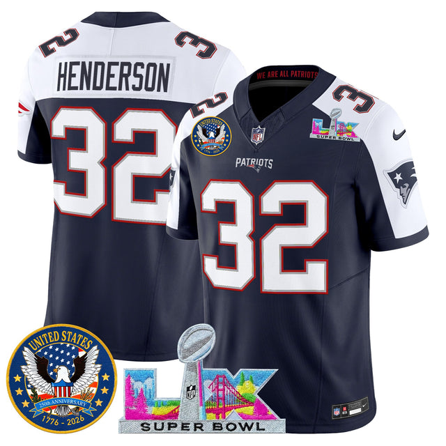 Men's New England Patriots Super Bowl LX & United States 250th Patch Vapor Limited Jersey - All Stitched - Navy Alternate - TreVeyon Henderson — view 1