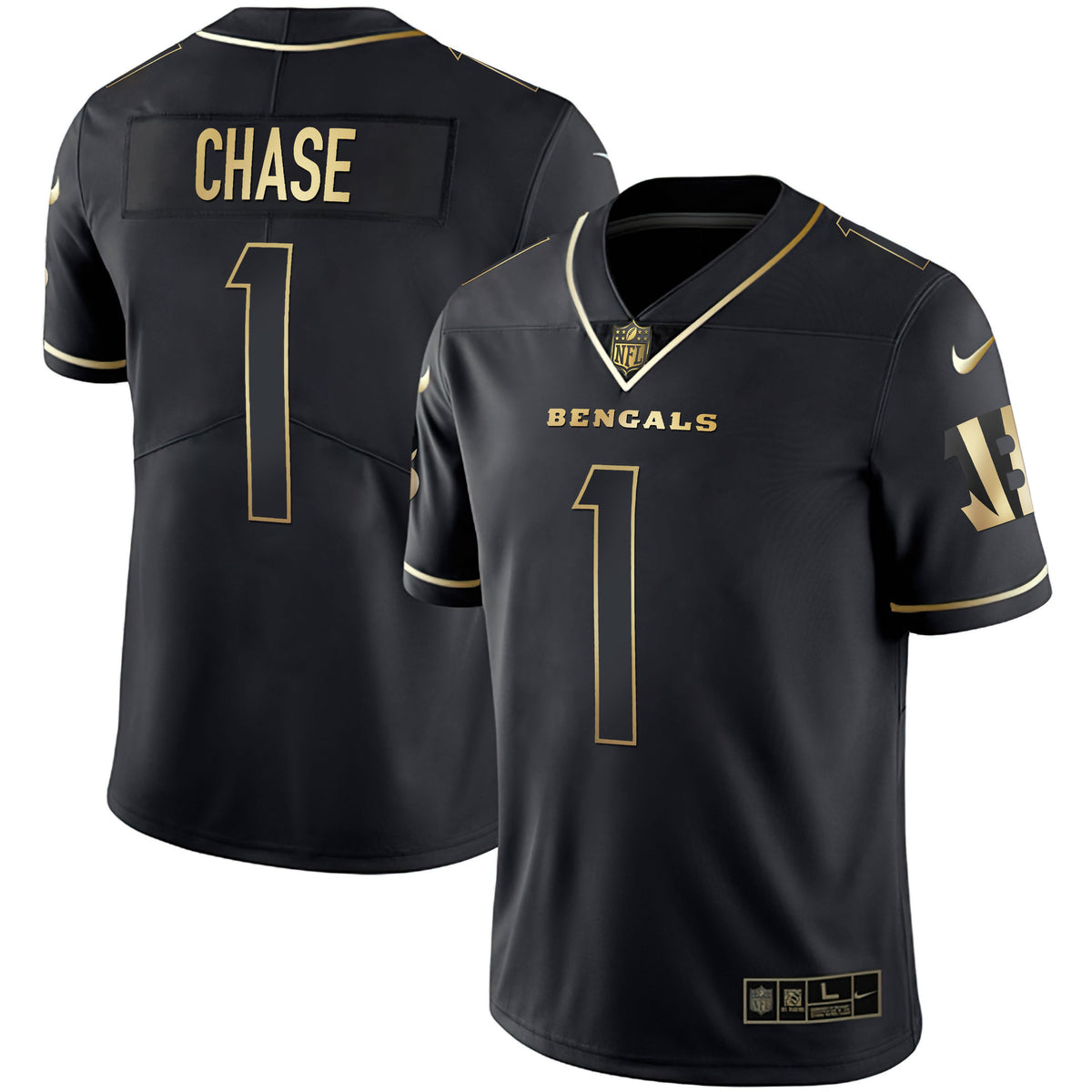 Women's Cincinnati Bengals White Gold & Black Gold Jersey - All Stitched - Black Gold - Ja'Marr Chase — view 1