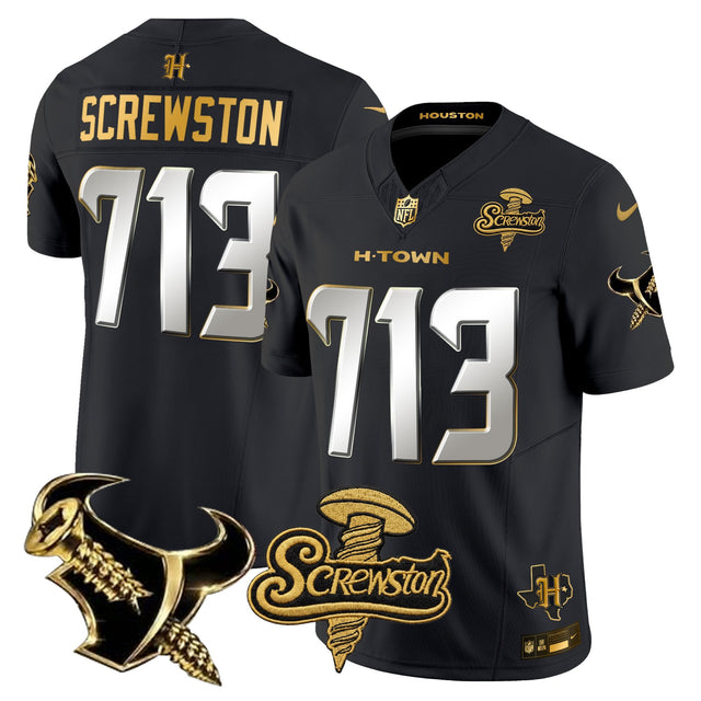 Men's Houston Texans DJ Screw Gold Vapor Limited Jersey - All Stitched - Black Limited - Screwston 713 — view 1