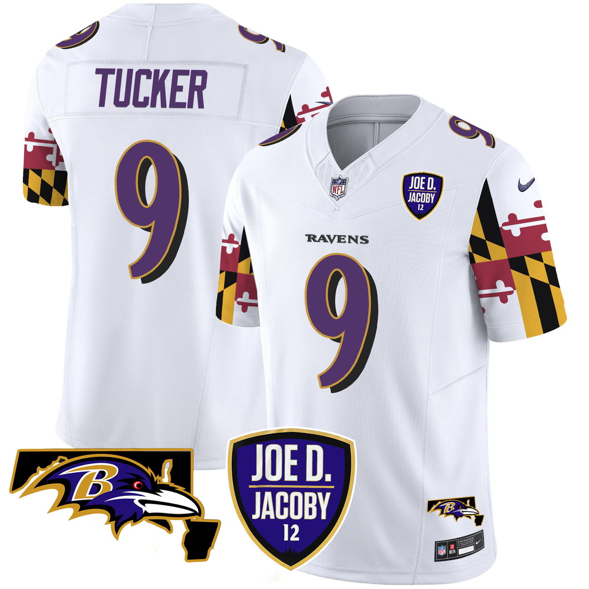 Men's Ravens Joe D & Jacoby Patch Vapor Limited Jersey V2 - All Stitched - White - Justin Tucker — view 1