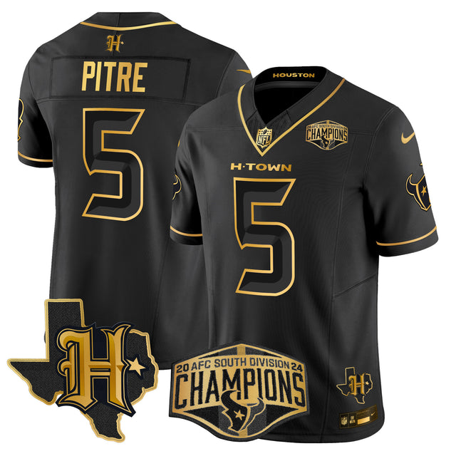 Men's Houston Texans 2024 AFC South Division Champions Patch Gold Vapor Limited Jersey - All Stitched - Black Gold - Jalen Pitre — view 1