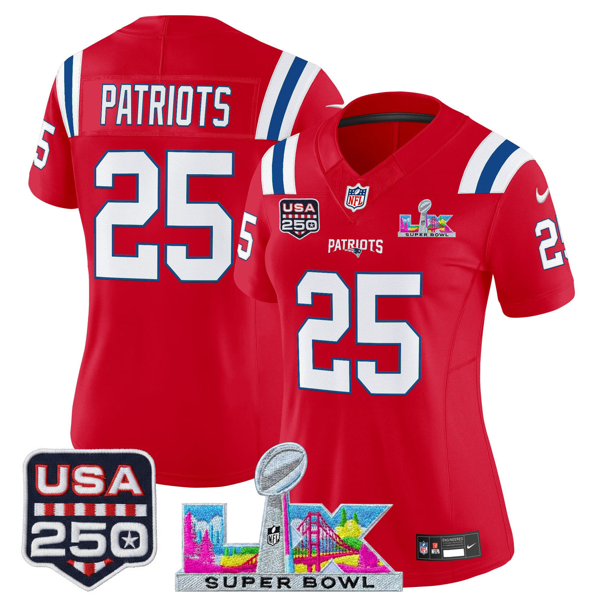 Women's New England Patriots Super Bowl LX & United States 250th Anniversary Patch Vapor Limited Jersey - All Stitched - Red - #25 Patriots — view 1