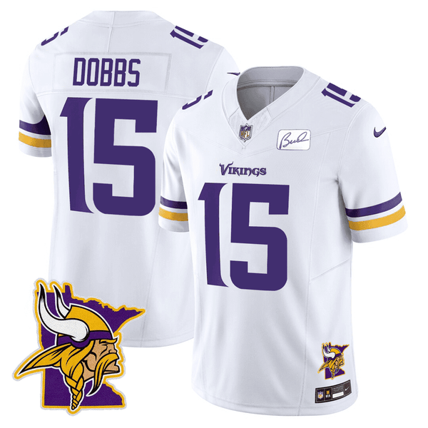 Men's Minnesota Vikings Honor Bud Grant & Minnesota Map Patch Limited Jersey - All Stitched - Josh Dobbs - White — view 1