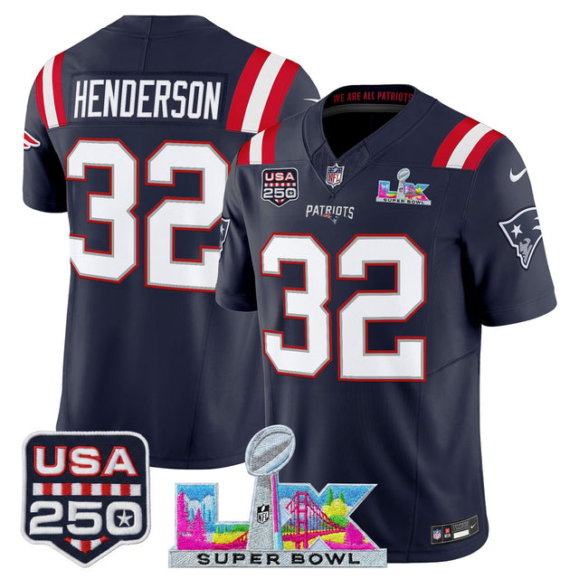 Men's New England Patriots Super Bowl LX & United States 250th Anniversary Patch Vapor Limited Jersey - All Stitched - Navy - TreVeyon Henderson — view 1