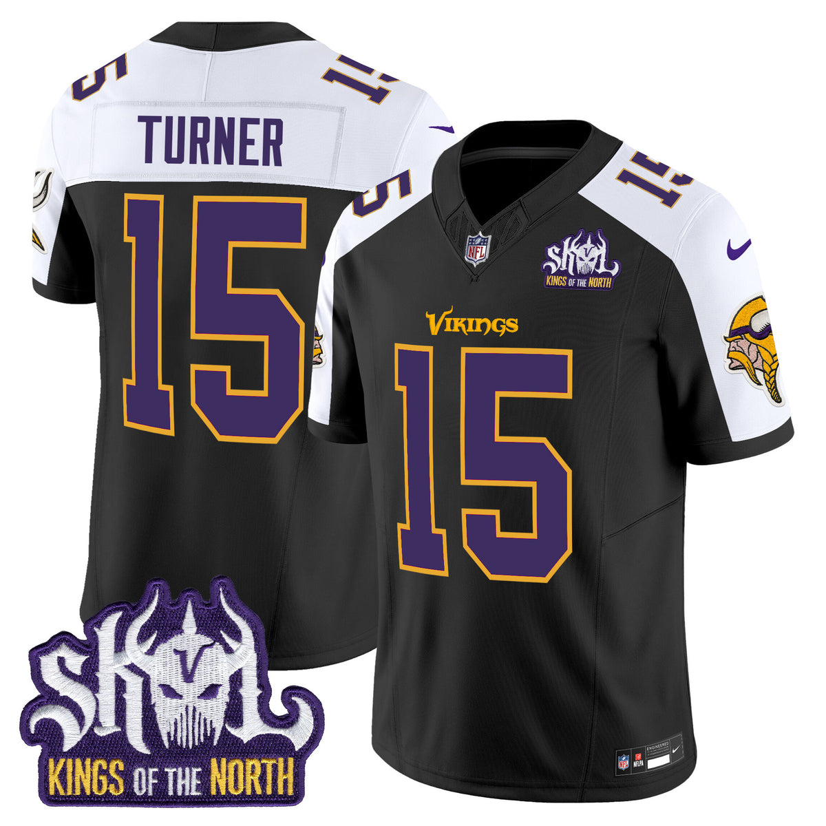 Men's Minnesota Vikings King Of The North Patch Throwback Vapor Limited Jersey - All Stitched - Black Alternate - Dallas Turner — view 1