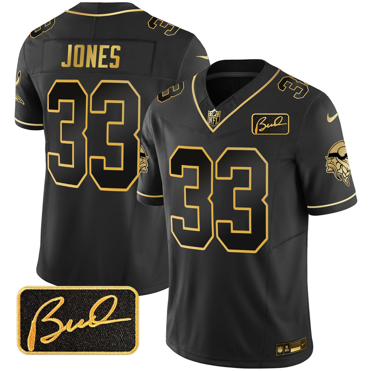 Men's Vikings Bud Grant Patch Gold Limited Jersey V2 - All Stitched - Black Gold - Aaron Jones — view 1