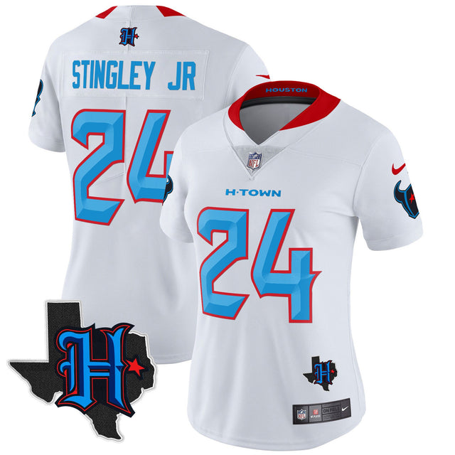 Women's Houston Texans 2024 Texas Patch Vapor Limited Jersey V2 - All Stitched - White Limited - Derek Stingley Jr — view 1