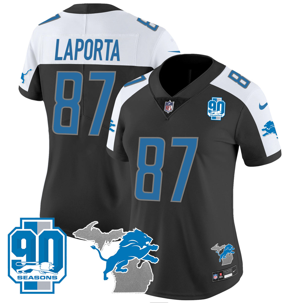 Women's Detroit Lions 90th Year & Michigan Patch Vapor Jersey - All Stitched - Black Alternate - Sam Laporta — view 1