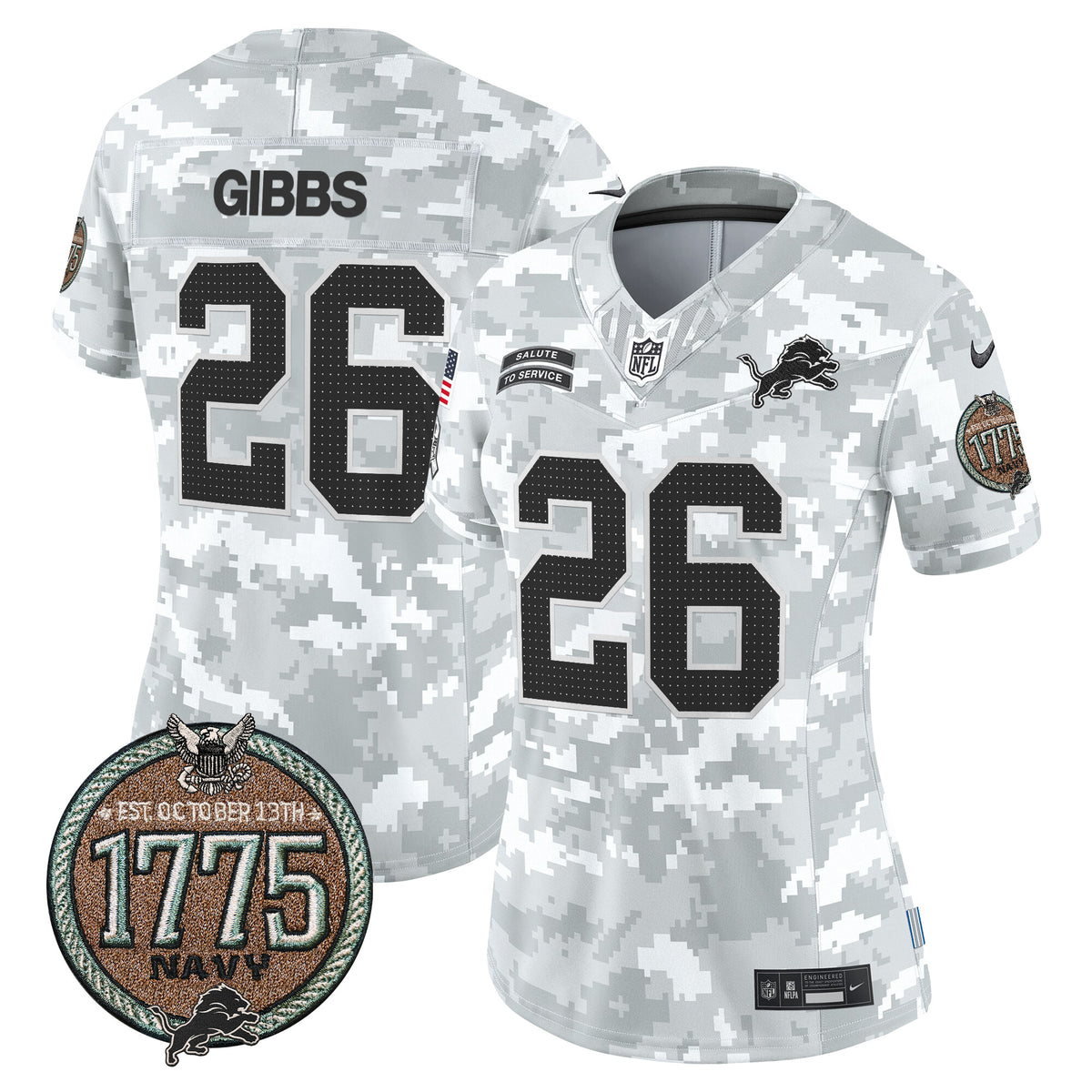 Women's Detroit Lions 2024 Salute to Service Establishment Year Patch Vapor Limited Jersey - All Stitched - Navy - Jahmyr Gibbs — view 1