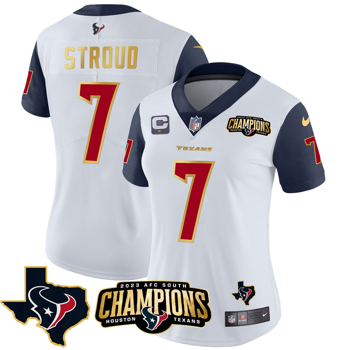 Women's Houston Texans 2023 AFC South Champions Patch Gold Trim Vapor Jersey - All Stitched - Navy Sleeves - C.J. Stroud — view 1