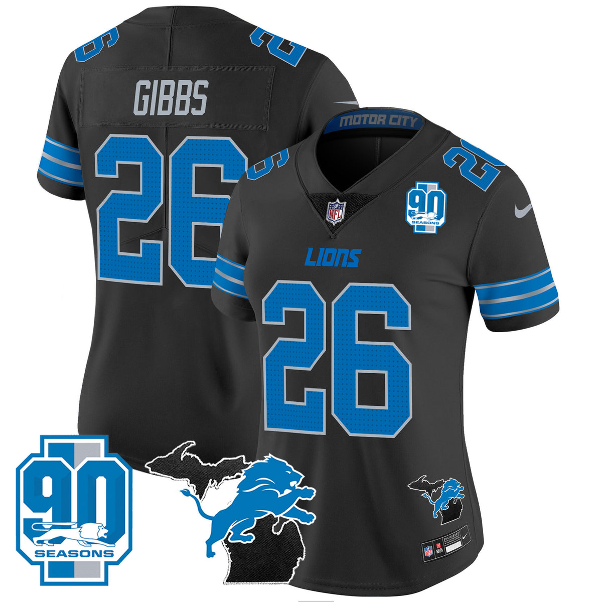 Women's Detroit Lions 2024 Michigan & 90th Year Patch Vapor Jersey - All Stitched - Black - Jahmyr Gibbs — view 1