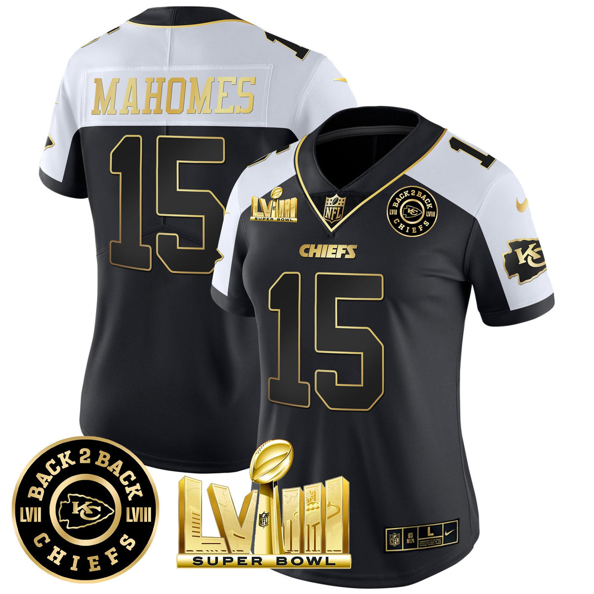 Women's Chiefs Super Bowl LVIII & Back 2 Back Patch Vapor Jersey V4 - All Stitched - Alternate - Patrick Mahomes — view 1