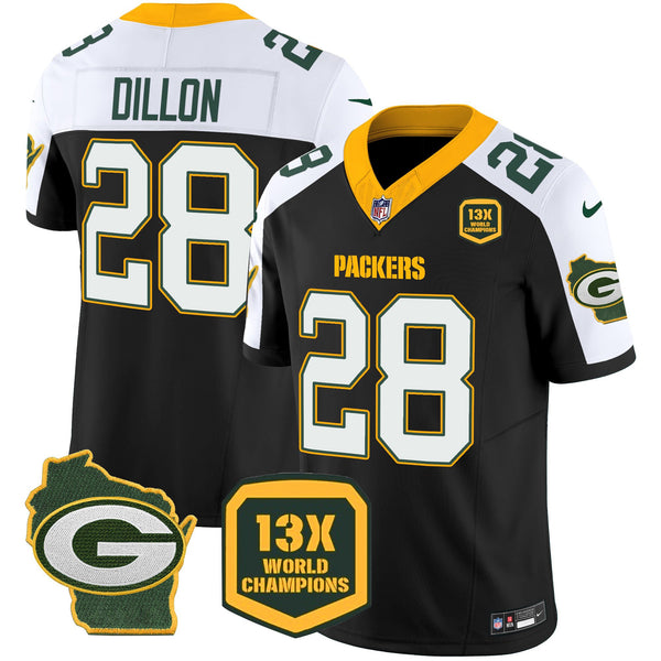 Men's Packers 13 Time World Champions & Home Patch Vapor Jersey – All Stitched - Black Alternate - AJ Dillon — view 1