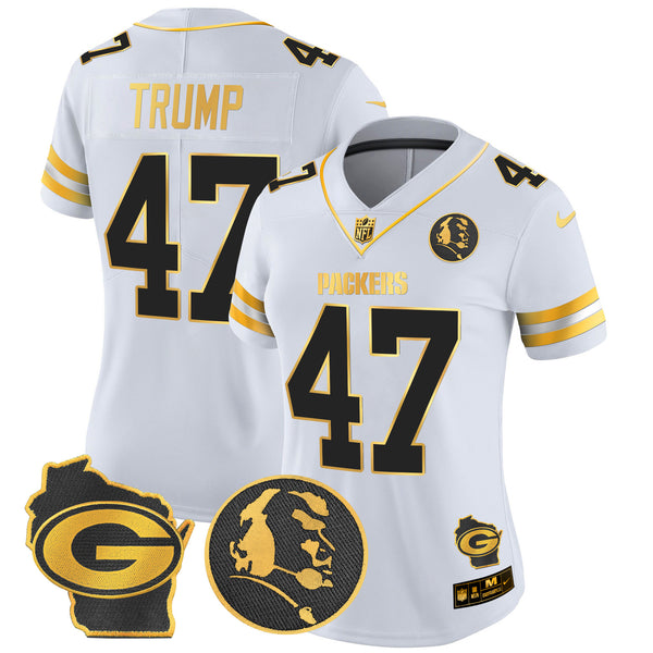 Women's Packers John Madden & Home Patch Gold Vapor Limited Jersey - All Stitched - White Gold - Donald Trump — view 1