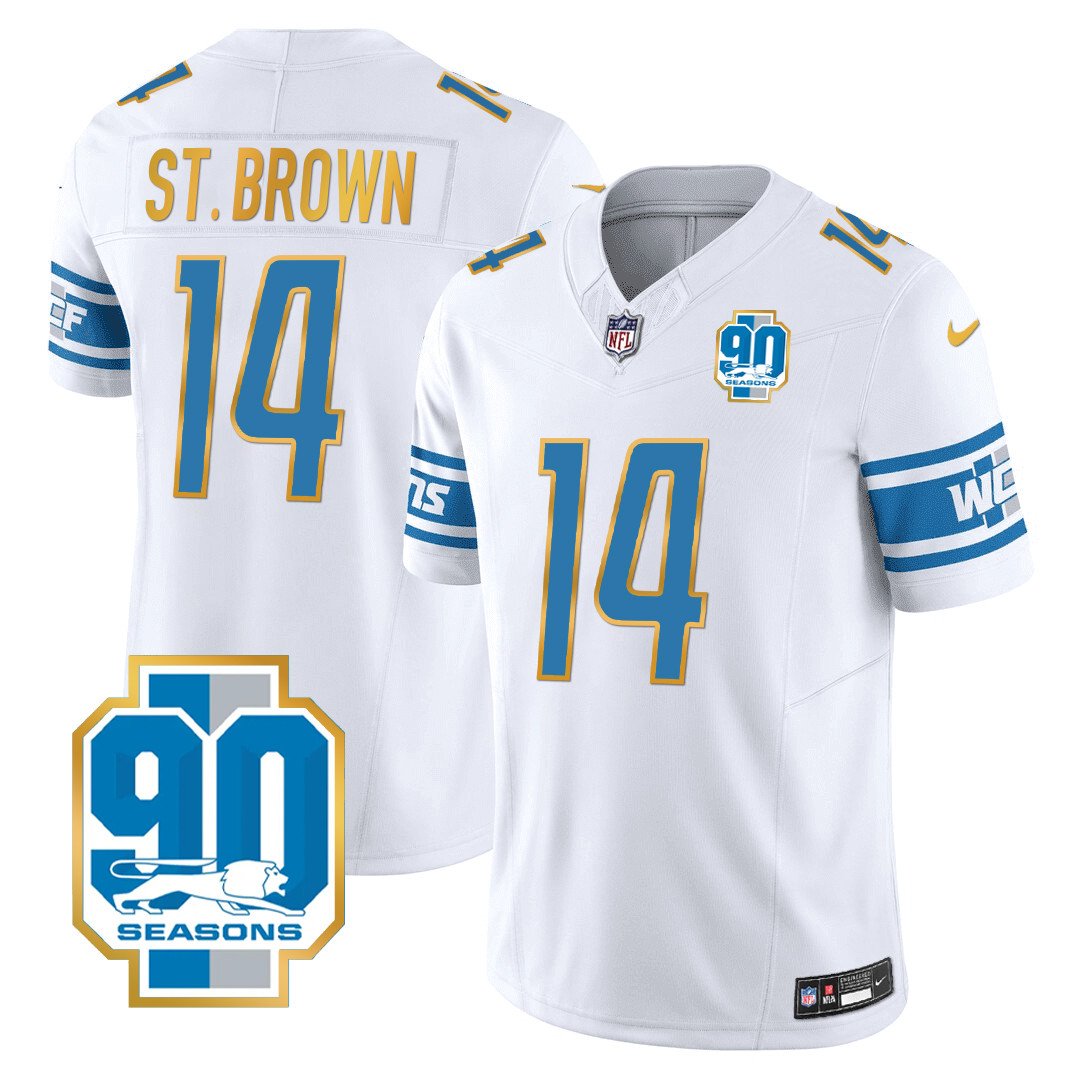 Men's Detroit Lions 90th Year Patch Gold Trim Jersey - All Stitched - White - St. Brown — view 1