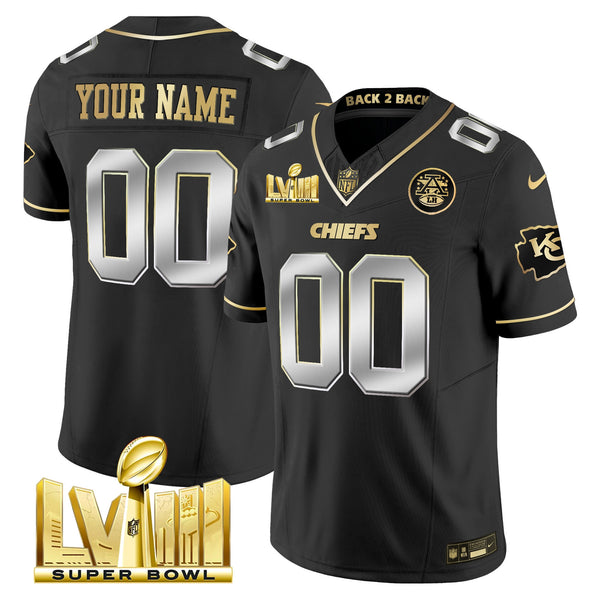 Chiefs Super Bowl LVIII & Back 2 Back Gold Patch Vapor Custom Jersey V5 - All Stitched - Black Limited — view 1