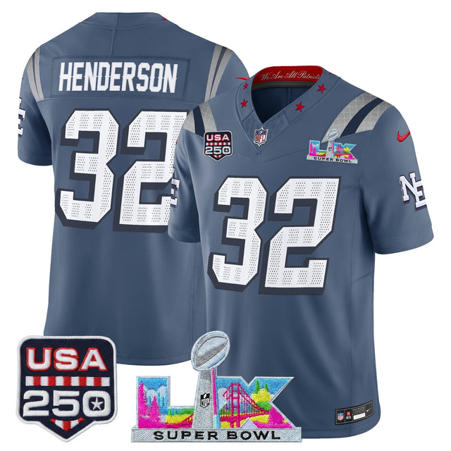 Men's New England Patriots Super Bowl LX & United States 250th Anniversary Patch Vapor Limited Jers ~25cf8277 - Storm Blue - TreVeyon Henderson — view 1