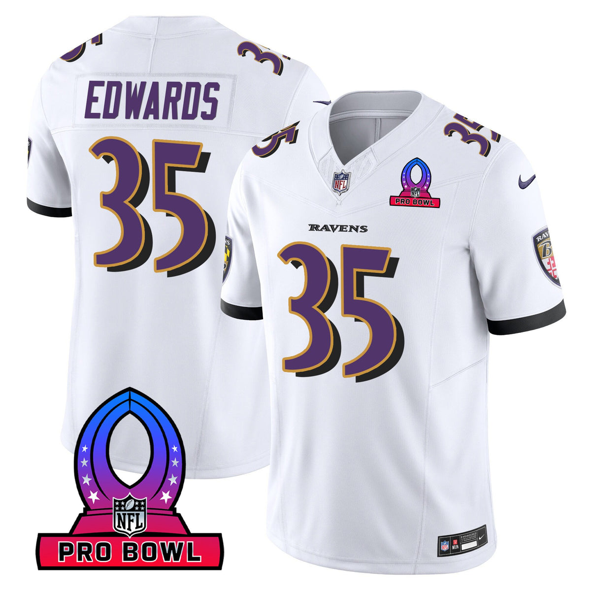 Men's Ravens 2024 Pro Bowl Patch Vapor Jersey - All Stitched - White - Gus Edwards — view 1