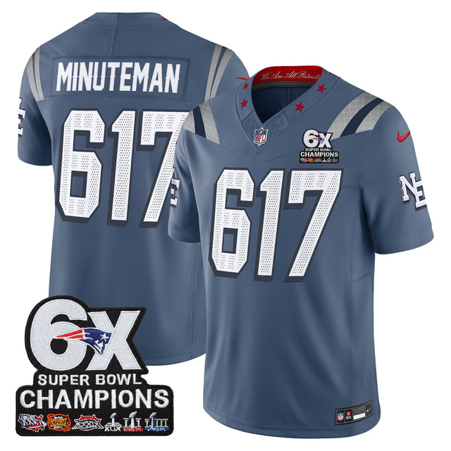 Men's New England Patriots 6-Time Champions Patch Vapor Limited Jersey - All Stitched - Storm Blue - Minuteman 617 — view 1