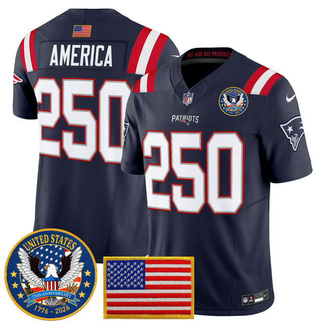 Men's New England Patriots United States 250th Anniversary Patch Vapor Limited Jersey - All Stitched - Navy - #250 America — view 1