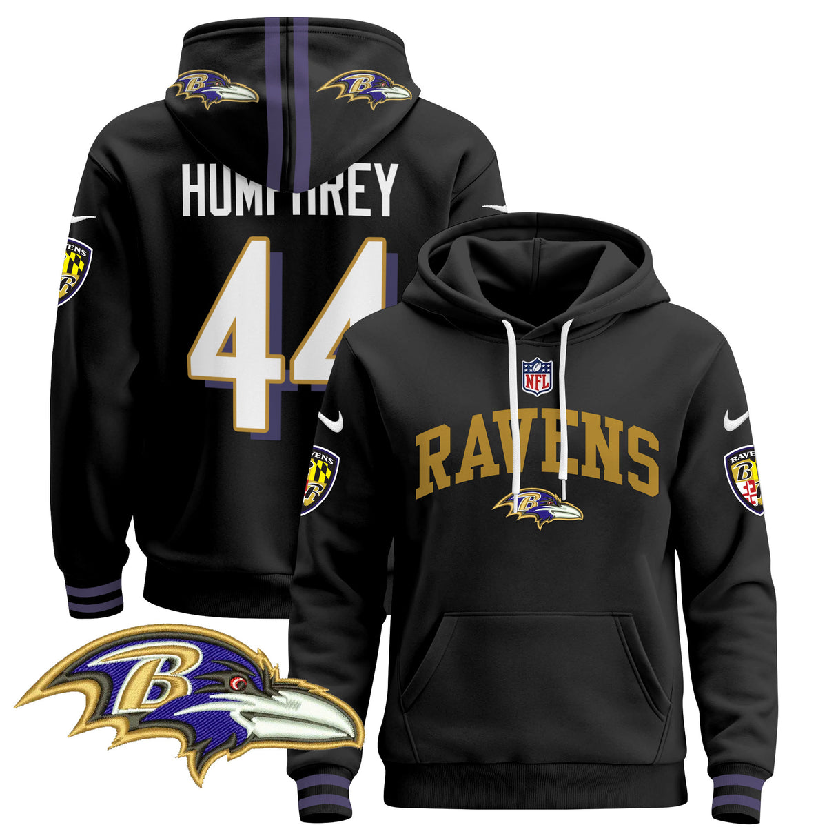 Men's Baltimore Ravens 2024 Pullover Hoodie V2 - All Stitched - Black - Marlon Humphrey — view 1