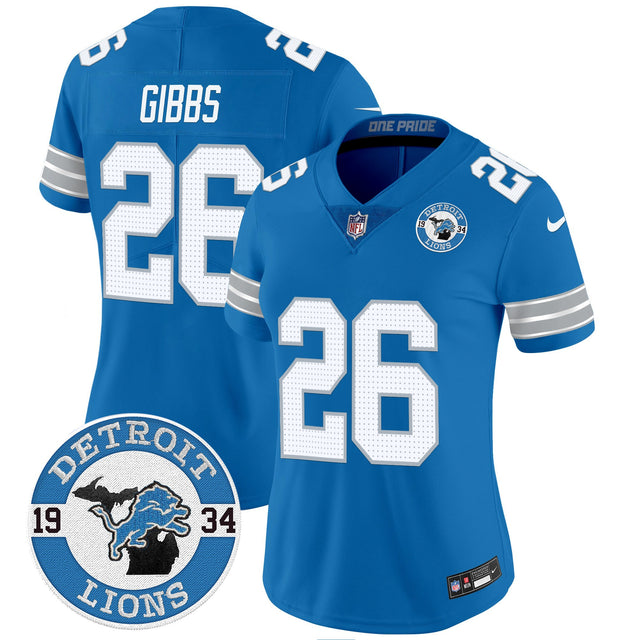 Women's Detroit Lions 2024 Vapor Limited Jersey - Est. 1934 Patch - All Stitched - Blue - Jahmyr Gibbs — view 1