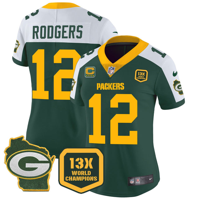 Women's Packers 13 Time World Champions & Home Patch Vapor Jersey – All Stitched - Alternate - Aaron Rodgers — view 1