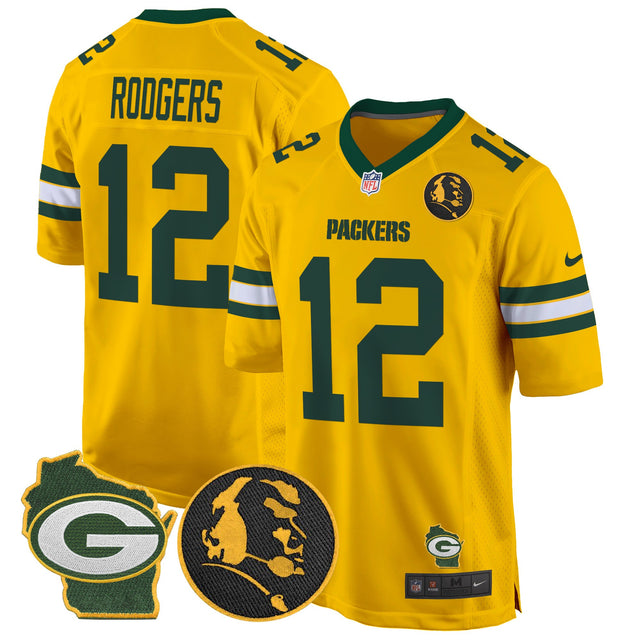 Men's Packers John Madden & Home Patch Game Jersey - All Stitched - Gold - Aaron Rodgers — view 1