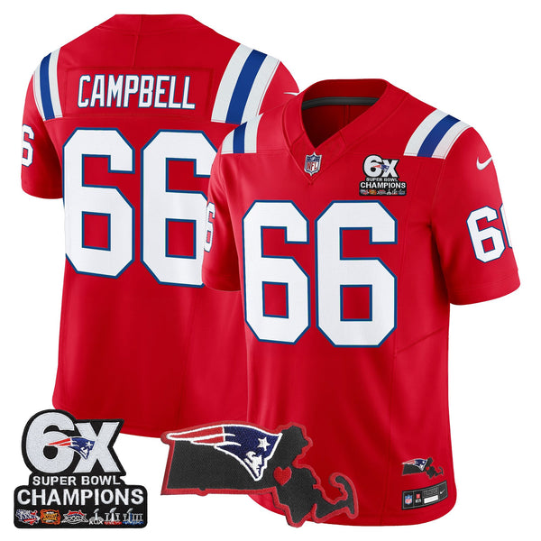 Men's New England Patriots 6-Time Champions & Massachusetts Patch Vapor Limited Jersey - All Stitched - Red - Will Campbell — view 1