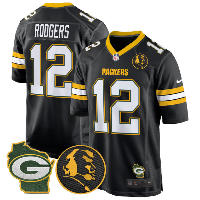 Men's Packers John Madden & Home Patch Game Jersey - All Stitched - Black - Aaron Rodgers — view 1