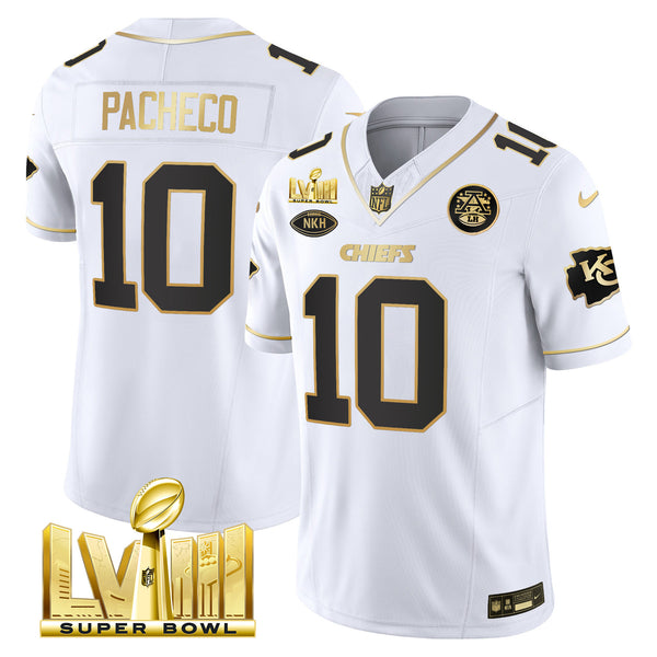 Men's Chiefs Super Bowl LVIII Gold Patch Vapor Jersey V3 - All Stitched - White Gold - Isiah Pacheco — view 1