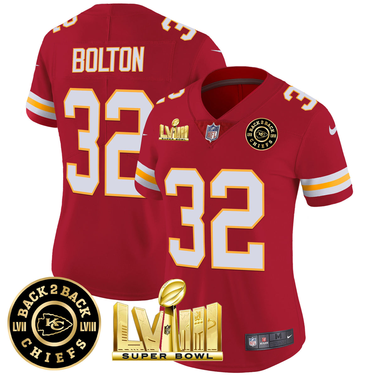 Women's Chiefs Super Bowl LVIII & Back 2 Back Patch Vapor Jersey V3 - All Stitched - Red - Nick Bolton — view 1