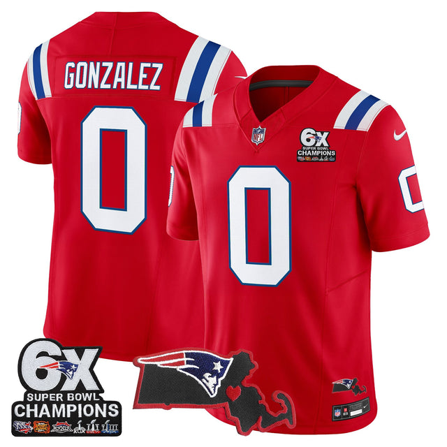 Men's New England Patriots 6-Time Champions & Massachusetts Patch Vapor Limited Jersey - All Stitched - Red - Christian Gonzalez — view 1