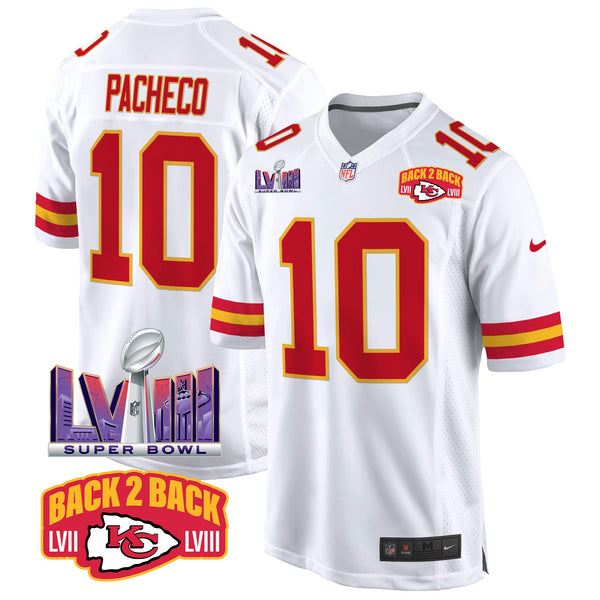 Men's Chiefs Super Bowl LVIII & Back 2 Back Patch Game Jersey - All Stitched - White - Isiah Pacheco — view 1
