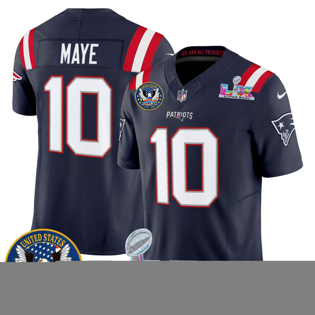 Men's New England Patriots Super Bowl LX & United States 250th Patch Vapor Limited Jersey - All Stitched - Navy - Drake Maye — view 1