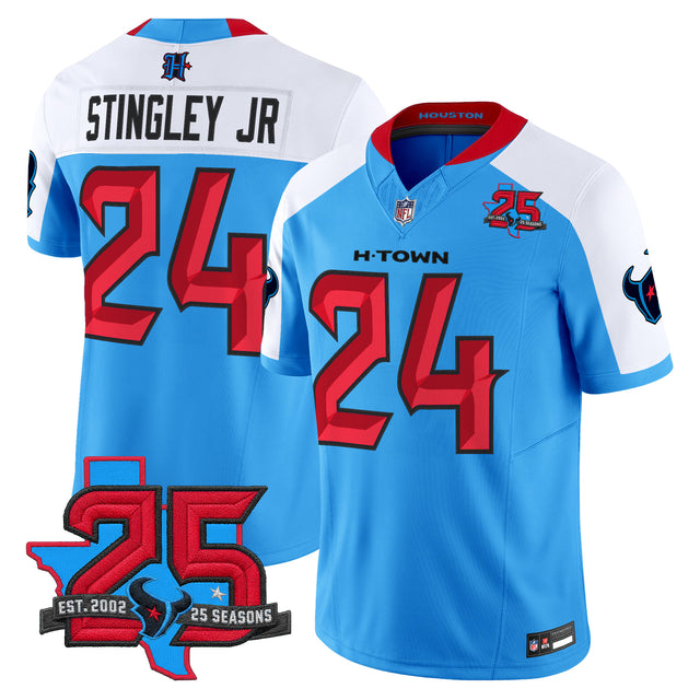 Men's Houston Texans 25th Year Anniversary Patch Vapor Limited Jersey - All Stitched - Blue Alternate - Derek Stingley Jr — view 1