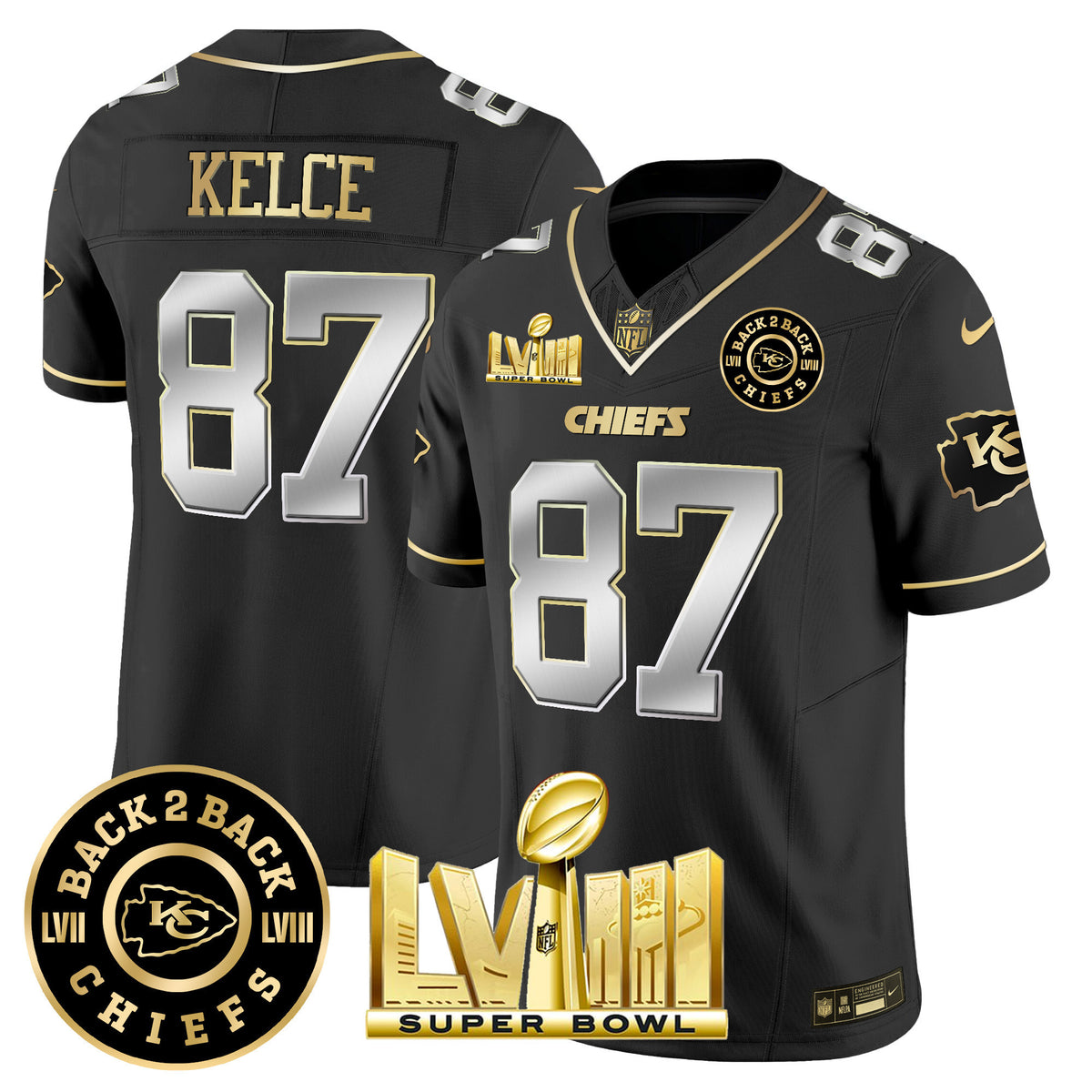 Men's Chiefs Super Bowl LVIII & Back 2 Back Patch Vapor Jersey V4 - All Stitched - Black Limited - Travis Kelce — view 1