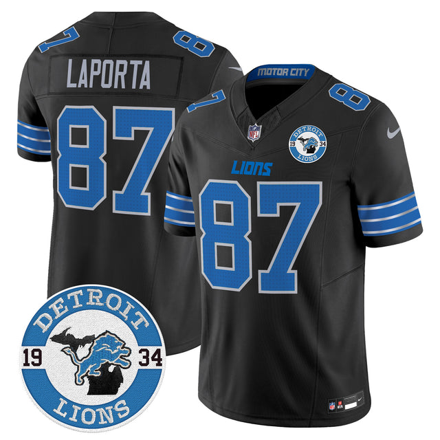 Men's Detroit Lions 2024 Vapor Limited Jersey - Est. 1934 Patch - All Stitched - Black - Sam Laporta — view 1